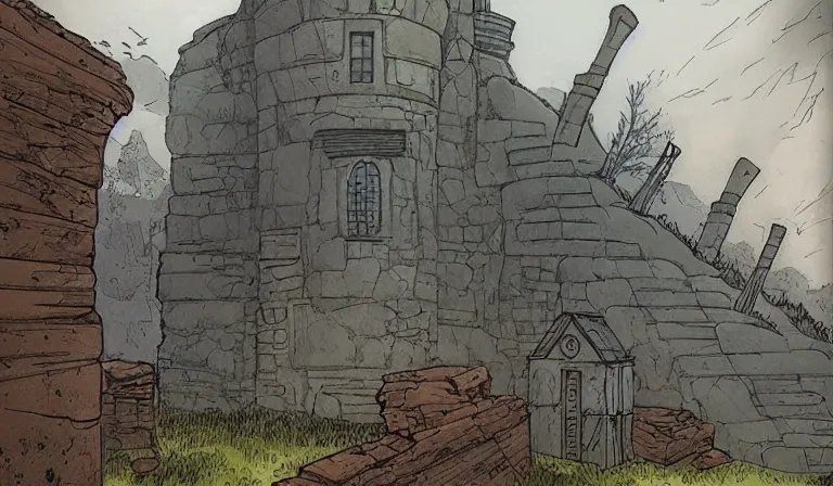 Prompt: A serene landscape with a singular building in the style of Enki Bilal and Moebius and Simon Bisley.