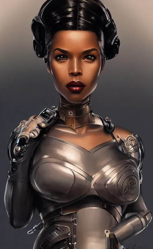 Image similar to an attractive young Black woman cyborg, clothed like a 1940s femme fatale, intricate, elegant, highly detailed, digital painting, film noir lighting, Blade Runner city background, trending on artstation, concept art, smooth, sharp focus, illustration, art by artgerm and greg rutkowski and alphonse mucha