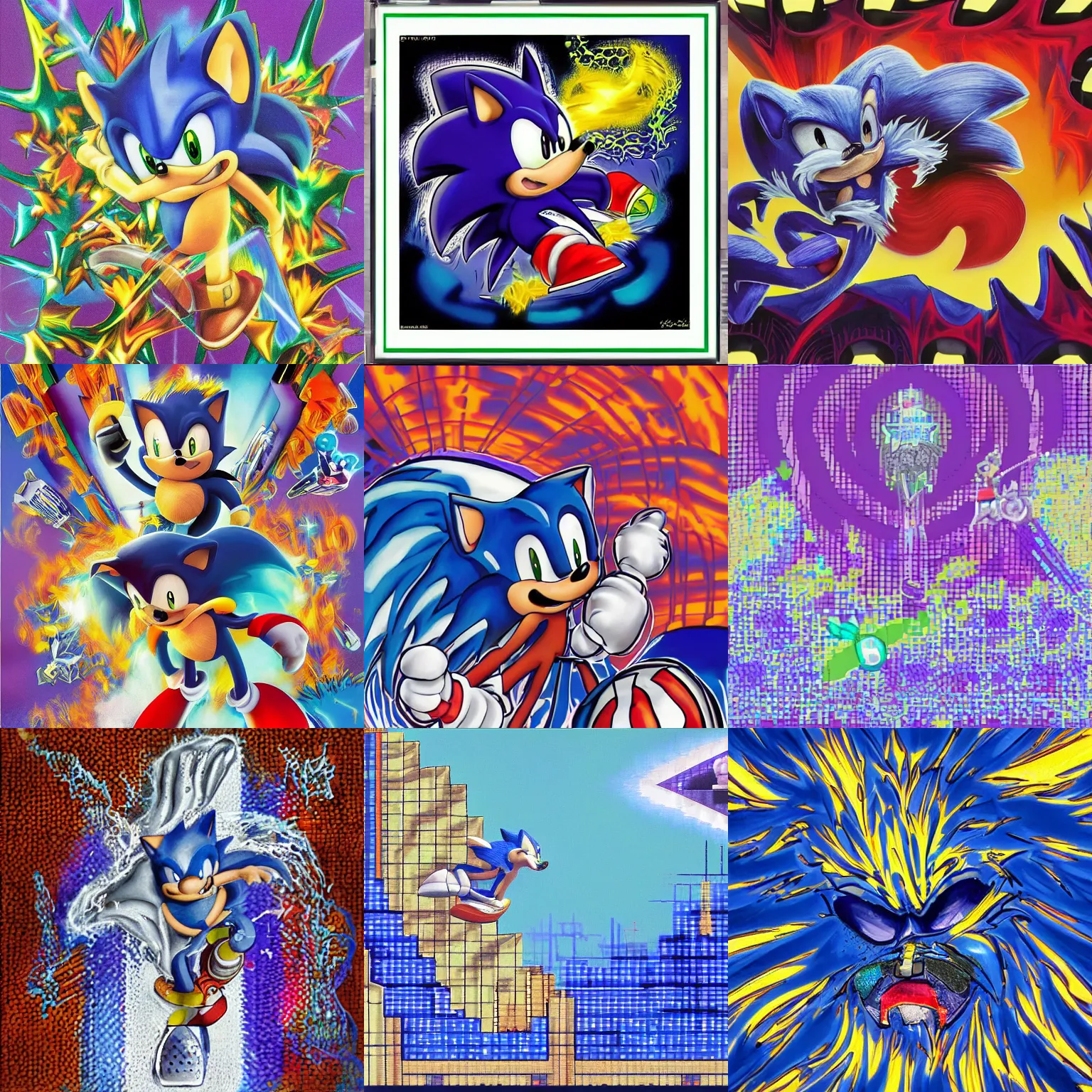 Prompt: portrait surreal sonic the hedgehog, recursive, sharp, detailed professional, high quality airbrush art MGMT album cover portrait of a liquid dissolving LSD DMT blue sonic the hedgehog surfing through a special stage, purple checkerboard background, 1990s 1992 Sega Genesis video game album cover