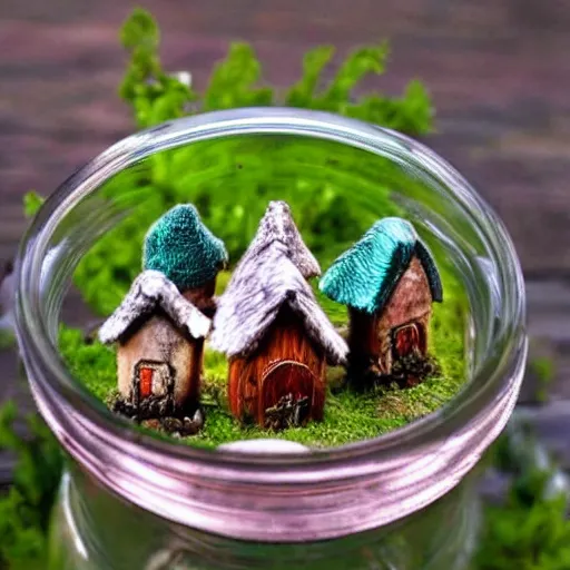 Prompt: photo of a tiny gnome village in a jar.