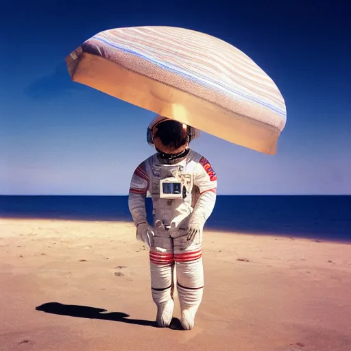 Image similar to a beautiful photo of an astronaut on the beach under a beach umbrella, summer sun, 1 9 7 0, soft light, morning light, photorealistic, realistic, octane, 8 k, cinematic shot