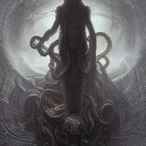 Image similar to human looking at big chains of Cthulhu, hyperdetailed, artstation, cgsociety, by greg rutkowski, by Gustave Dore