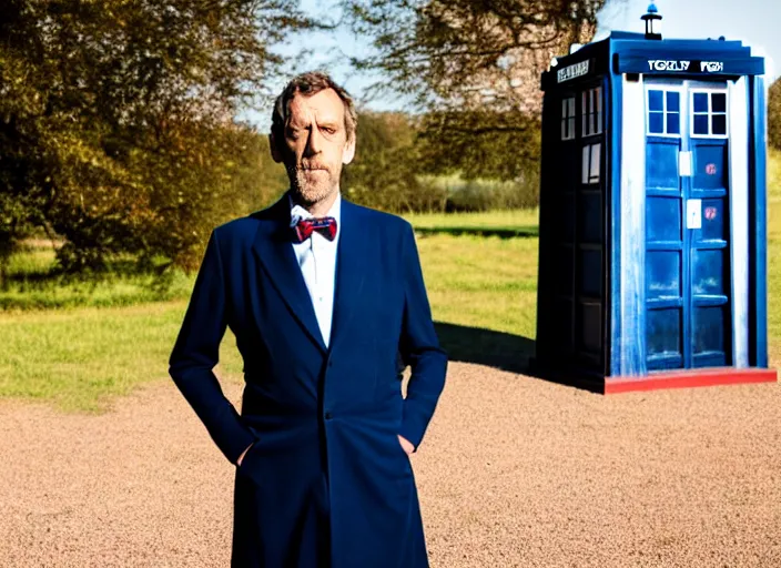 Image similar to dslr photo portrait still of hugh laurie as doctor who in front of the tardis at golden hour, 8 k, 8 5 mm f 1. 4