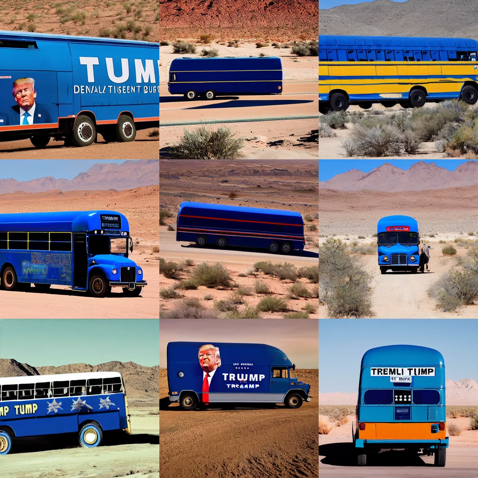 Prompt: Donald trump in a blue bus in a desert