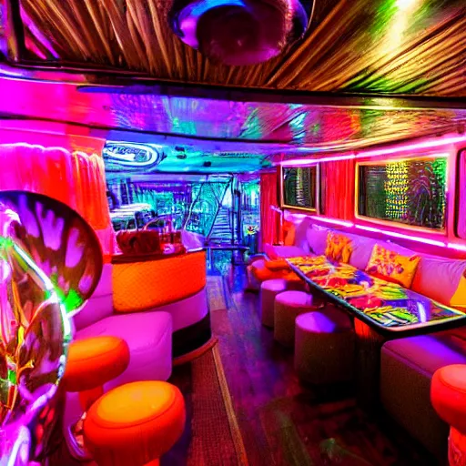 Prompt: architectural digest photo, inside dark and moody crowded futuristic neon tiki bar inside a yacht, many large tropical plants, open dance floor and dj booth, blue lighting with small pastel orange and pink accent lights, crowd of cool people dancing