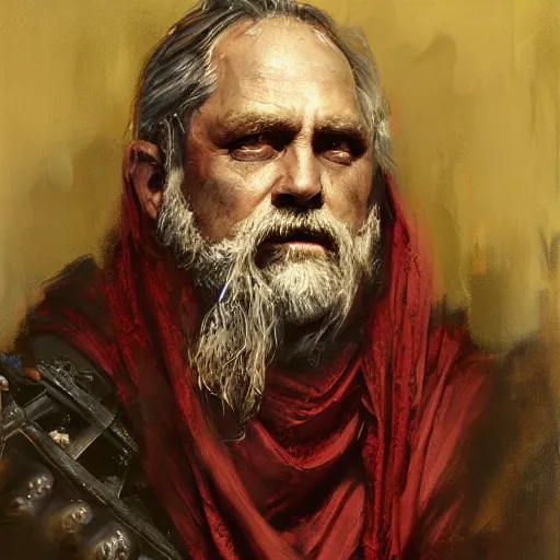 Image similar to Solomon Joseph Solomon and Richard Schmid and Jeremy Lipking victorian genre painting portrait painting of a old rugged movie actor medieval knight character in fantasy costume, red background