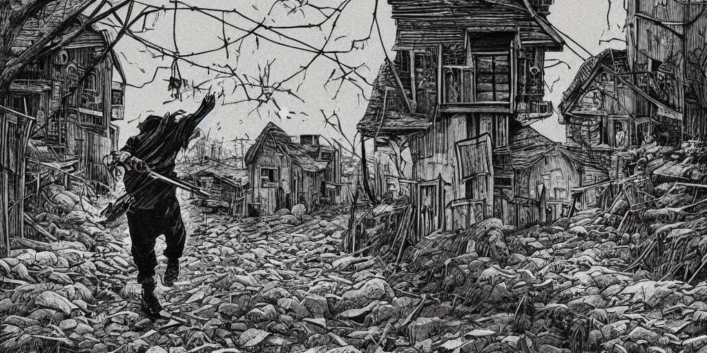 Prompt: illustration of an apocalyptic scene, a man sneaking through an abandoned village, stephen king atmosphere, 1 9 8 0 s japanese illustrator art, award winning