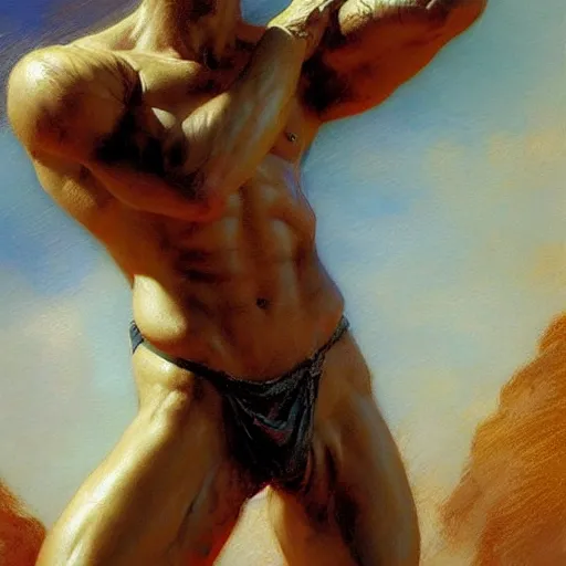 Image similar to Young greek god, muscular, detailed face, thighs, painting by Gaston Bussiere, Craig Mullins