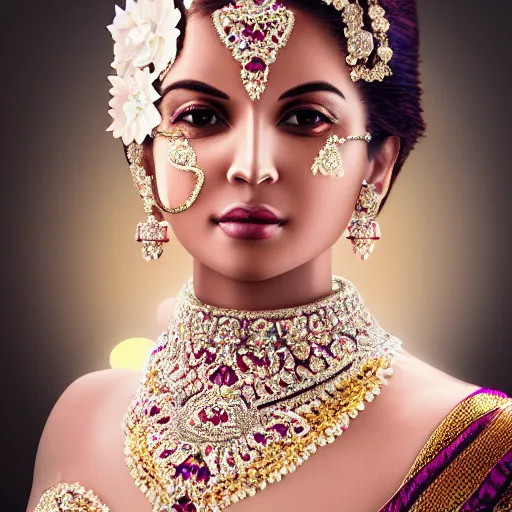 Image similar to portrait of wonderful hindi princess of white diamonds with fair skin, white flowers, ornate with white diamonds, 8 k, gorgeous, intricate, detailed, glowing white accent lighting, dramatic lighting, octane render