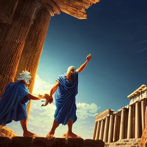 Image similar to plato arguing with diogenes on the acropolis, by dan mumford, yusuke murata, makoto shinkai, ross tran, cosmic, heavenly, god rays, intricate detail, cinematic, 8 k, cel shaded, unreal engine, featured on artstation, pixiv