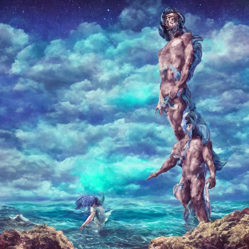 Prompt: blue merman standing overlooking an ocean, 4k, art station, detailed, vaporwave, galaxy sky