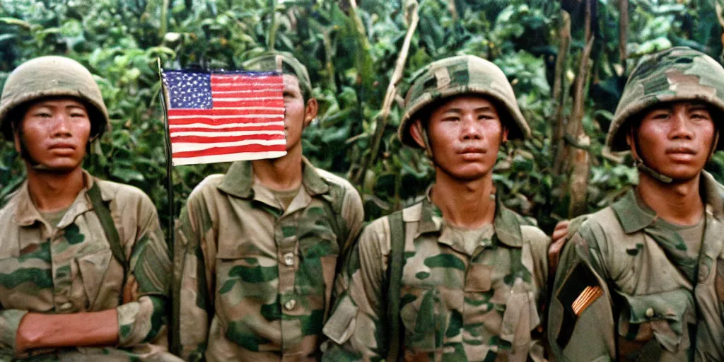 Prompt: u. s. soldiers in 1 9 6 9 in vietnam war, soldiers portrait closeup, face closeup, us flag, jungles in the background, coloured film photography, ken burns photography, lynn novick photography
