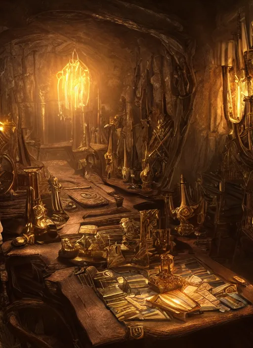 Prompt: room full of treasure, loot, gold, ultra detailed fantasy, elden ring, realistic, dnd, rpg, lotr game design fanart by concept art, behance hd, artstation, deviantart, global illumination radiating a glowing aura global illumination ray tracing hdr render in unreal engine 5