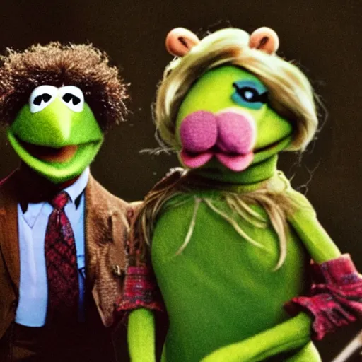 Image similar to trail cam footage unreleased still of the muppets in pulp fiction, photograph, detailed