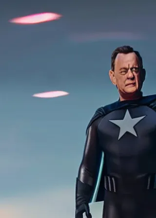 Image similar to tom hanks as a superhero, aesthetic 4 k hyperrealistic, futuristic, clean