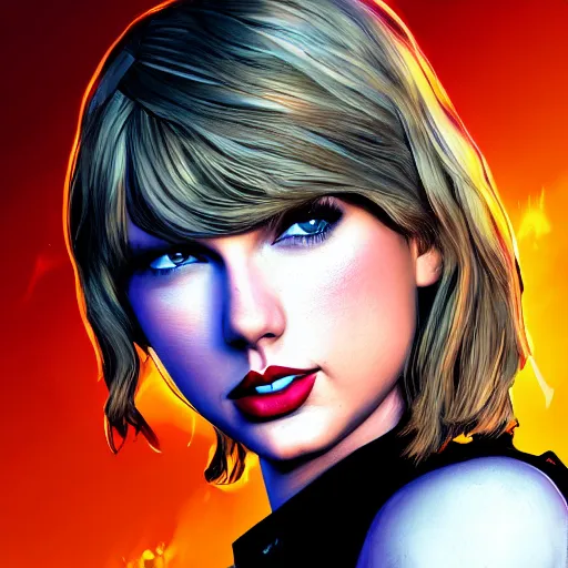 Image similar to taylor swift portrait, borderlands, tales from the borderlands, the wolf among us, comic, cinematic lighting, studio quality, 8 k