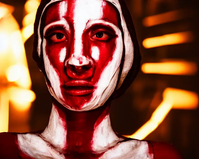 Image similar to a film still of a synthetic female human wrapped in white cloth, red eyes, mouth agape, tribal facepaint, in neotokyo, cinematic lighting, high resolution, 4 k