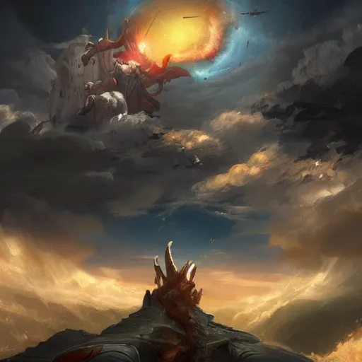 Image similar to 2 God having a battle in the sky , Trending on artstation