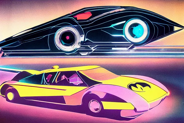 Prompt: designed by Giorgetto Giugiaro stylized poster of the Batmobile, thick neon lights, ektachrome photograph, volumetric lighting, f8 aperture, cinematic Eastman 5384 film