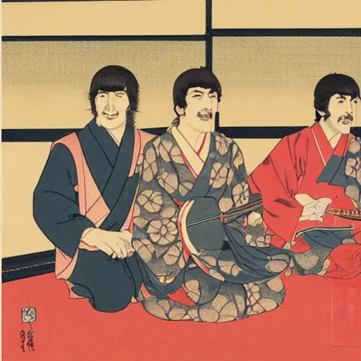 Prompt: The Beatles playing in the Budokan, Ukiyo-e art,