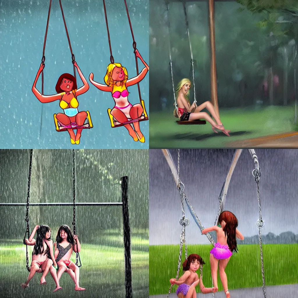 Prompt: two girls in bikinis swinging on a swing in the rain, highly detailed, artstation,