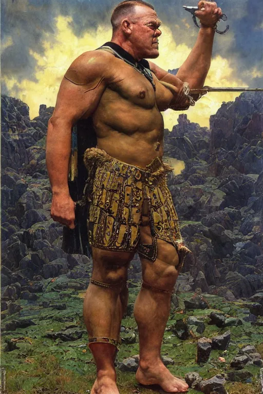 Prompt: full body portrait of jocko willink as huge warrior wearing a pants and a cape in the style of marvel's jack kirby, dynamic action, by lawrence alma tadema and zdzislaw beksinski and norman rockwell and tom lovell and greg staples and john william waterhouse
