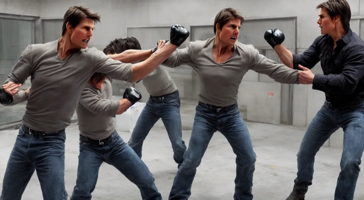 Image similar to Tom Cruise clones in Cage fight, photorealistic