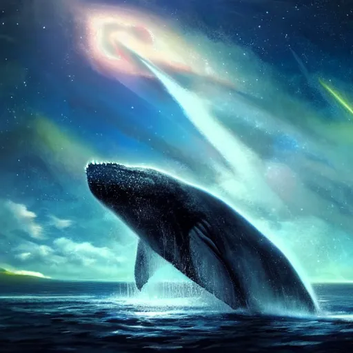 Image similar to a beautiful scenary of a fantasy world of a giant humpback whale on the sky with the background of a milky way, artstationHD, digital painting, hyper detail, elegant, cinematic, epic lighting, very very very very beautiful scenery