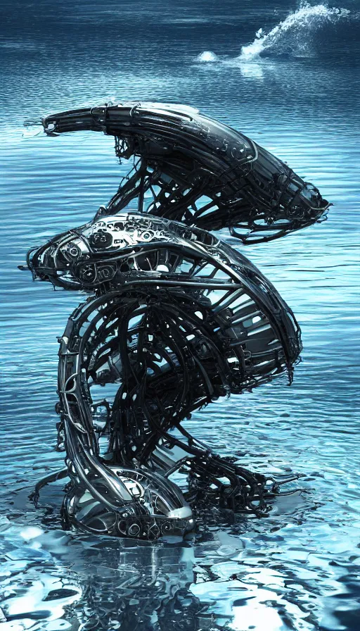 Image similar to summoning a beautiful biomechanical orca spirit from the ocean, organic and robotic, made up of metal, skin, and plastic, shiny, metallic, wet, solarpunk, post apocalyptic, hyper realistic, cinematic angle, octane render unreal engine render, 8k, super detailed, SLEEK!!!