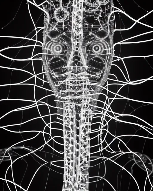 Image similar to black and white cyborg - plant goddess high quality photo, microchip, artificial intelligence, bio - mechanical bio - luminescence, black wired cables, neurons, nerve cells, cinematic, rim light, photo - realistic, elegant, high detail, 8 k, masterpiece, high fashion, in the style of dora maar