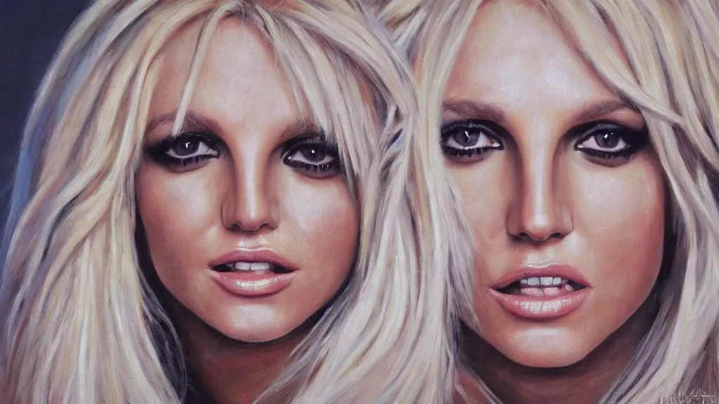 Image similar to A portrait painting of britney spears; the most beautiul painting in the world; trending on artstation; oil on canvas; correct face; correct eyes; anatomically correct; extraordinary masterpiece!!!!!!; 8k