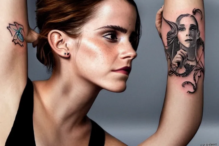 Image similar to emma watson, dope tattoo, hyperrealistic