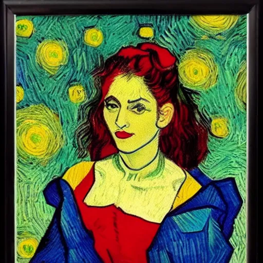 Image similar to an artistic portrait of madonna, high quality, studio photography, colorful, hero, 1 9 8 8, heroic, beautiful, in the style of vincent van gogh