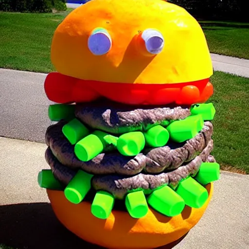 Prompt: cheeseburger sculpture made out of empty plastic bottles.