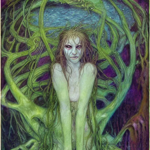 Prompt: rusalka of the blighted swamp, by brian froud, cold colors, oil on canvas