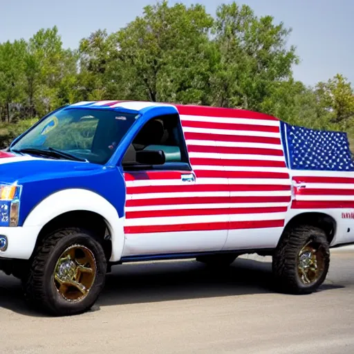 Image similar to pgoto of biden pickup trucks with american flags, there are very attractive woman in the back of the truck.