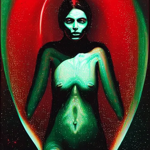 Prompt: beautiful sad female portrait looking down, red and green palette, night lights, starry sky, by ( h. r. giger ) and paul lehr