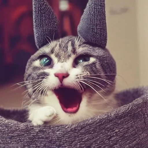 Image similar to cute cat photo, tongue, wearing wool hat, cat ears