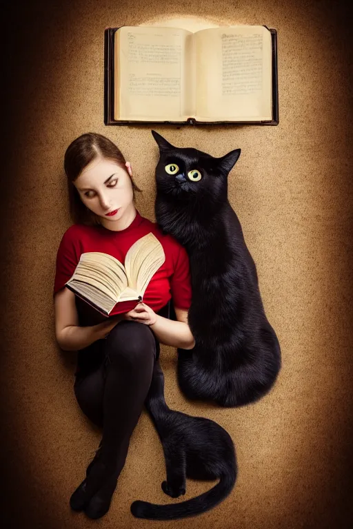 Prompt: photo of bright girl, her cat and her book of necronomicon, symmetrical, cinematic, real dlsr photography, sharp focus, 4 k, ultra hd, sense of awe, sinister demonic atmosphere, dreadful, forbidden knowledge, horrors journal cover