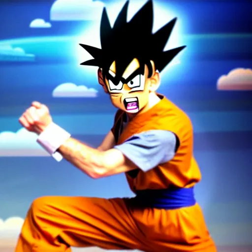 Prompt: mr. bean as goku from dragonball z. movie still. cinematic lighting.