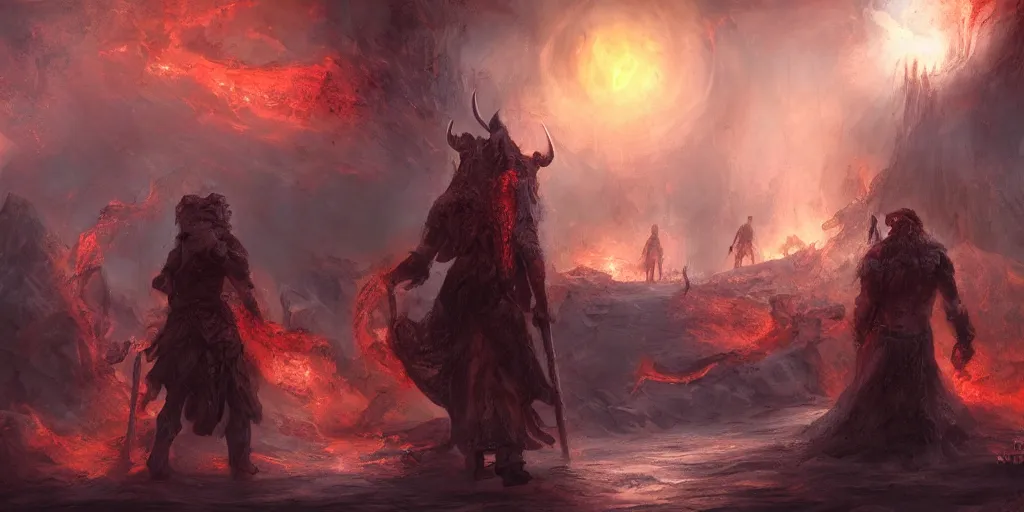 Prompt: GODS, walking through hell, to destroy Satan's kingdom, a fantasy digital Painting, by Rem Brant