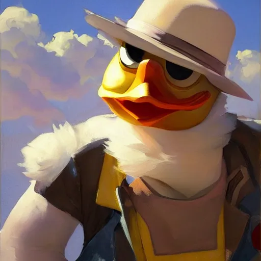 Prompt: greg manchess portrait painting of a howard the duck as overwatch character, medium shot, asymmetrical, profile picture, organic painting, sunny day, matte painting, bold shapes, hard edges, street art, trending on artstation, by huang guangjian and gil elvgren and sachin teng