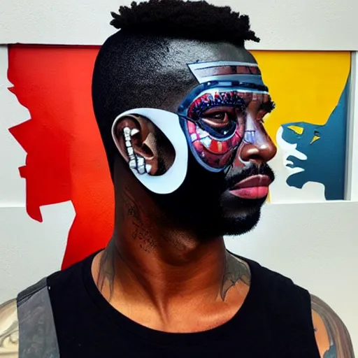 Prompt: a portrait of a black man with side profile blood in ocean intricate details :: side profile :: futuristic mask :: by vikings and Sandra Chevrier