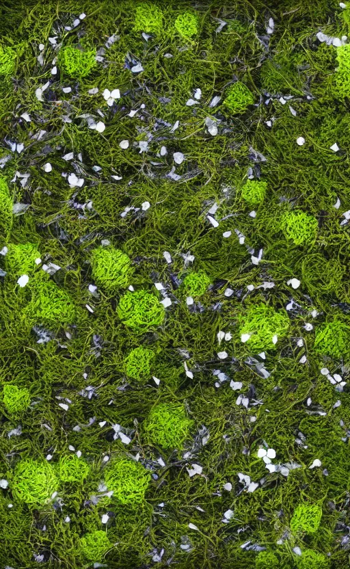 Image similar to view of the inside of a trash bag decorated with moss and flowers patches and with glowing elements, octane render, abstract, unorthodox, 4k, desktop wallpaper, raytracing