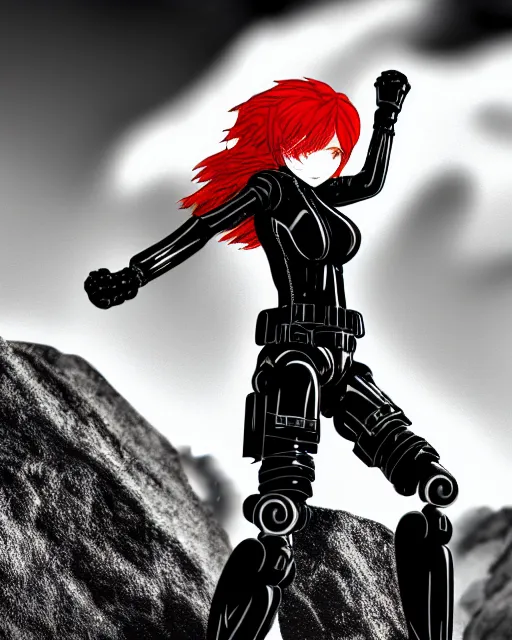 Image similar to black widow red hair flies with a parachute from everest and fires pistols at robots with techno details, by tsutomu nihei, black and white, wires clouds and destroed rocks background