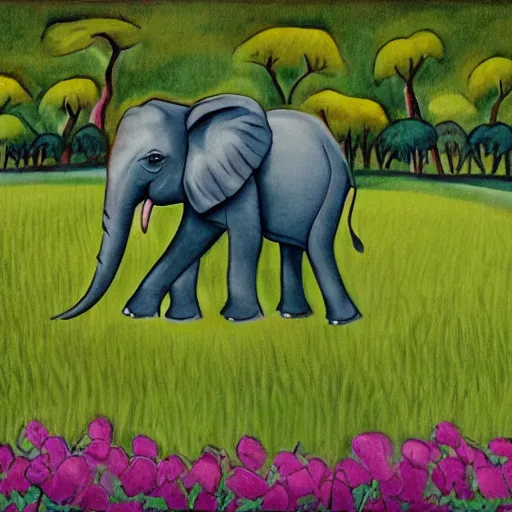 Prompt: an elephant on a green meadow art by Disney Walt