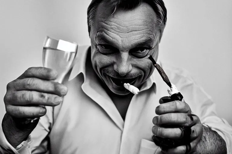 Image similar to viktor orban drinking champagne, smoking cigar, laughing hard, highly detailed face, by peter lindbergh