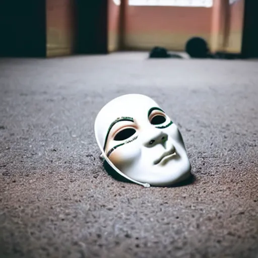 Image similar to a closeup photograph of a creepy comedy mask lying on a concrete floor in an abandoned building