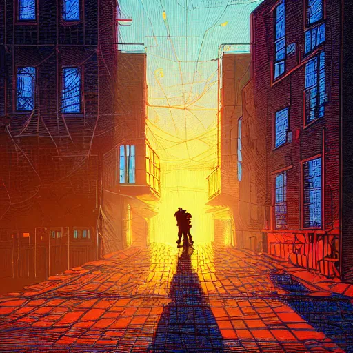 Prompt: a lone soldier stands on illuminated grid in a ruined city street by dan mumford