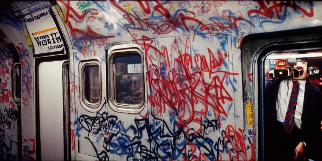 Image similar to new york subway cabin 1 9 8 0 s inside all in graffiti, policeman closeup, coloured film photography, christopher morris photography, bruce davidson photography